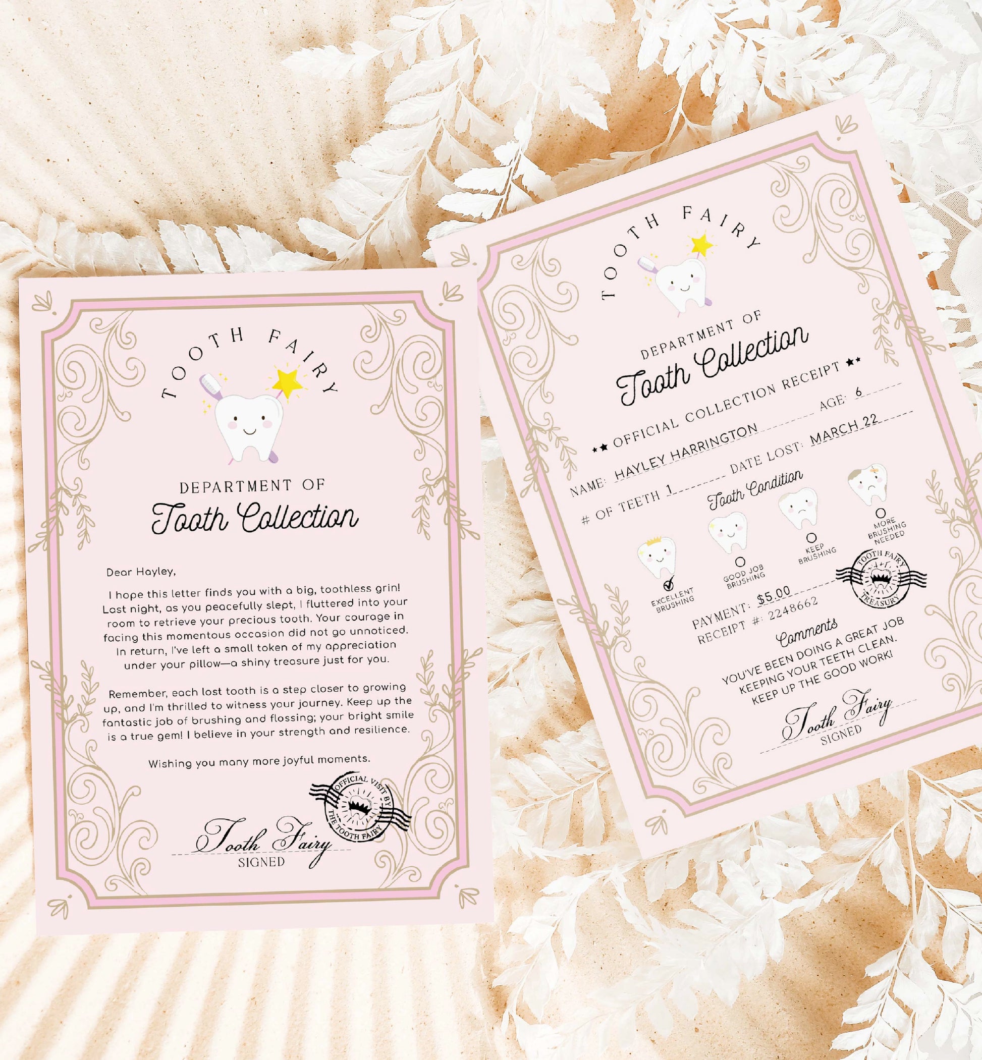 Printable Tooth Fairy Letter and Receipt, Tooth Fairy Collection Receipt, Tooth Fairy Payment Recipe And Visit Certificate, Lost Tooth Note