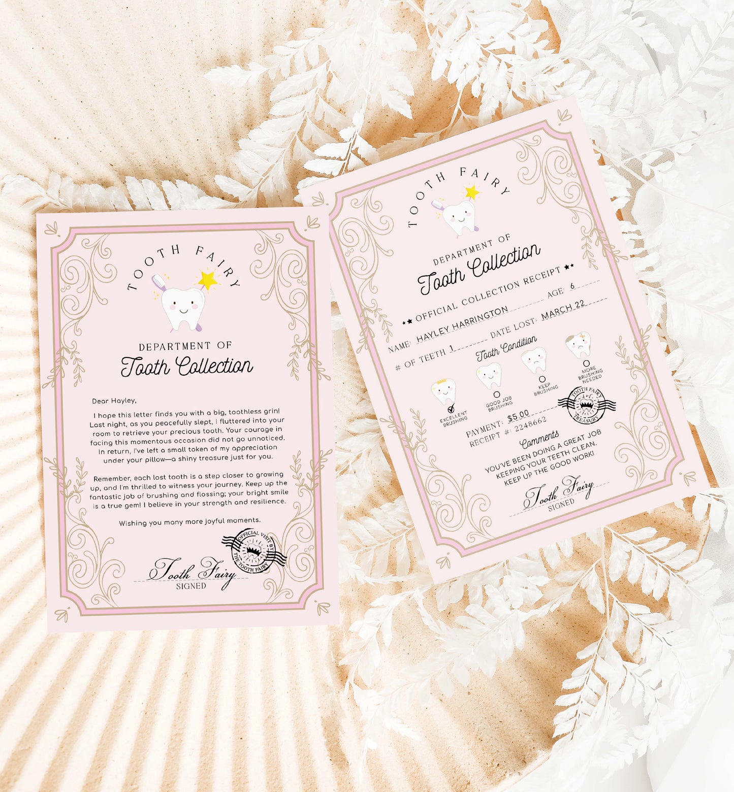 Printable Tooth Fairy Letter and Receipt, Tooth Fairy Collection Receipt, Tooth Fairy Payment Recipe And Visit Certificate, Lost Tooth Note