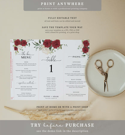 Darcy Floral Red | Printable Tri-Fold Menu Template