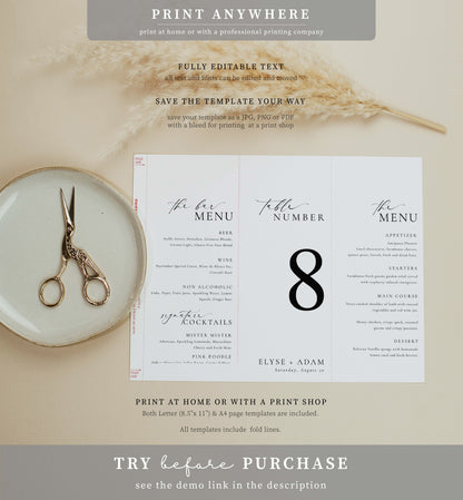 Ellesmere White | Printable Tri-Fold Menu Template