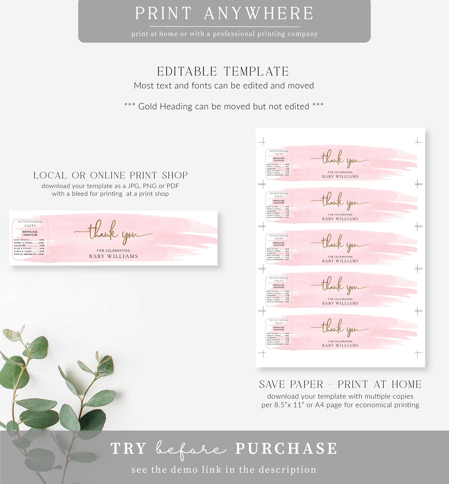 Watercolour Pink Gold | Printable Water Bottle Labels Template