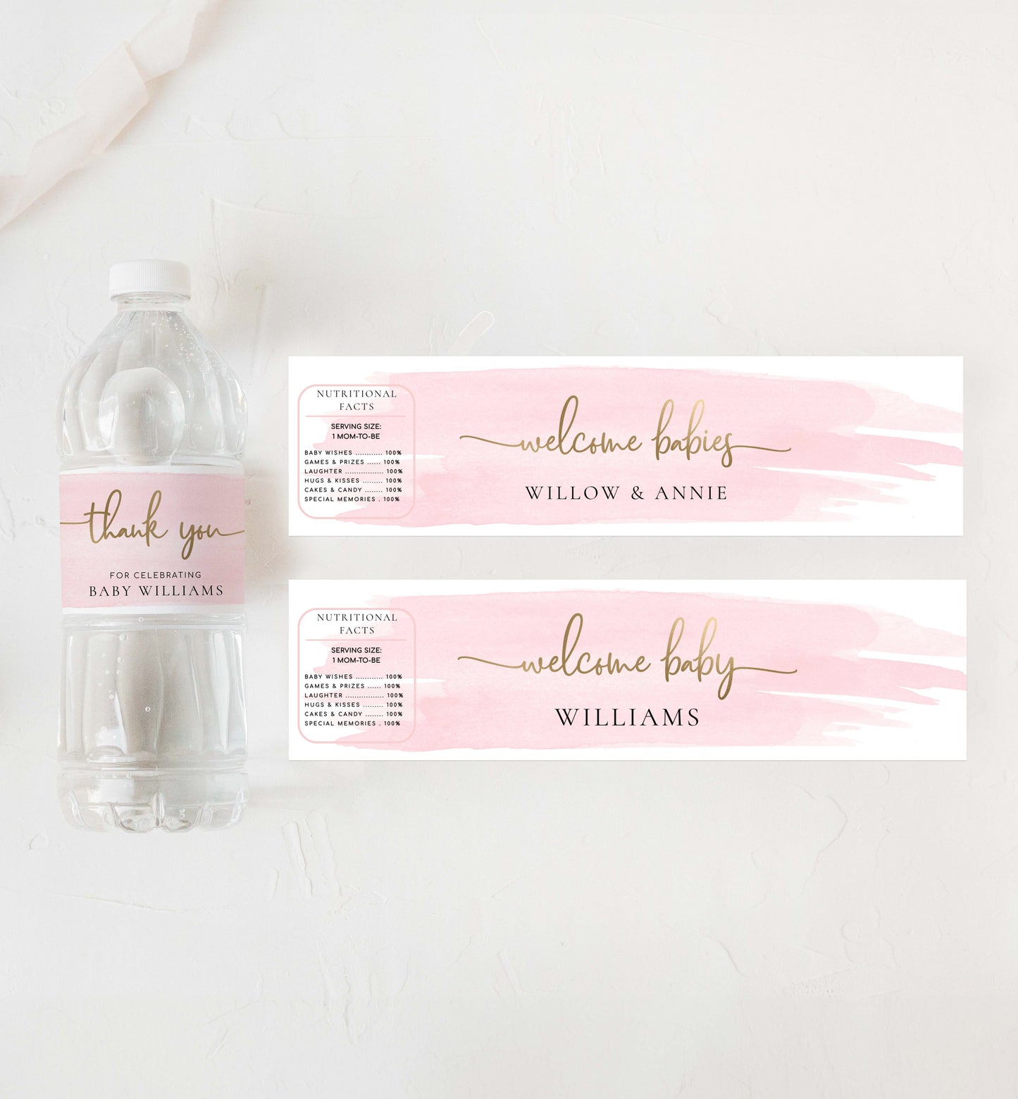 Printable Water Bottle Welcome Baby Label Template, Tahk You Baby Shower Water Label, Pink Watercolour, Girl Baby Shower Bottle Labels, Personalized Water Bottle Labels