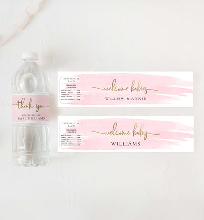 Printable Water Bottle Welcome Baby Label Template, Tahk You Baby Shower Water Label, Pink Watercolour, Girl Baby Shower Bottle Labels, Personalized Water Bottle Labels