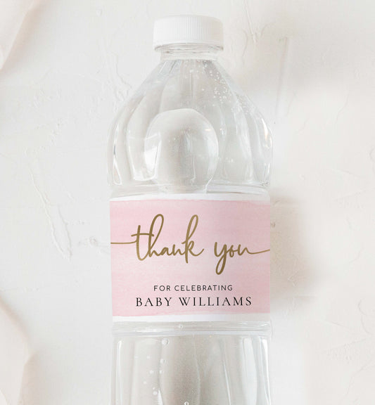 Printable Water Bottle Welcome Baby Label Template, Tahk You Baby Shower Water Label, Pink Watercolour, Girl Baby Shower Bottle Labels, Personalized Water Bottle Labels