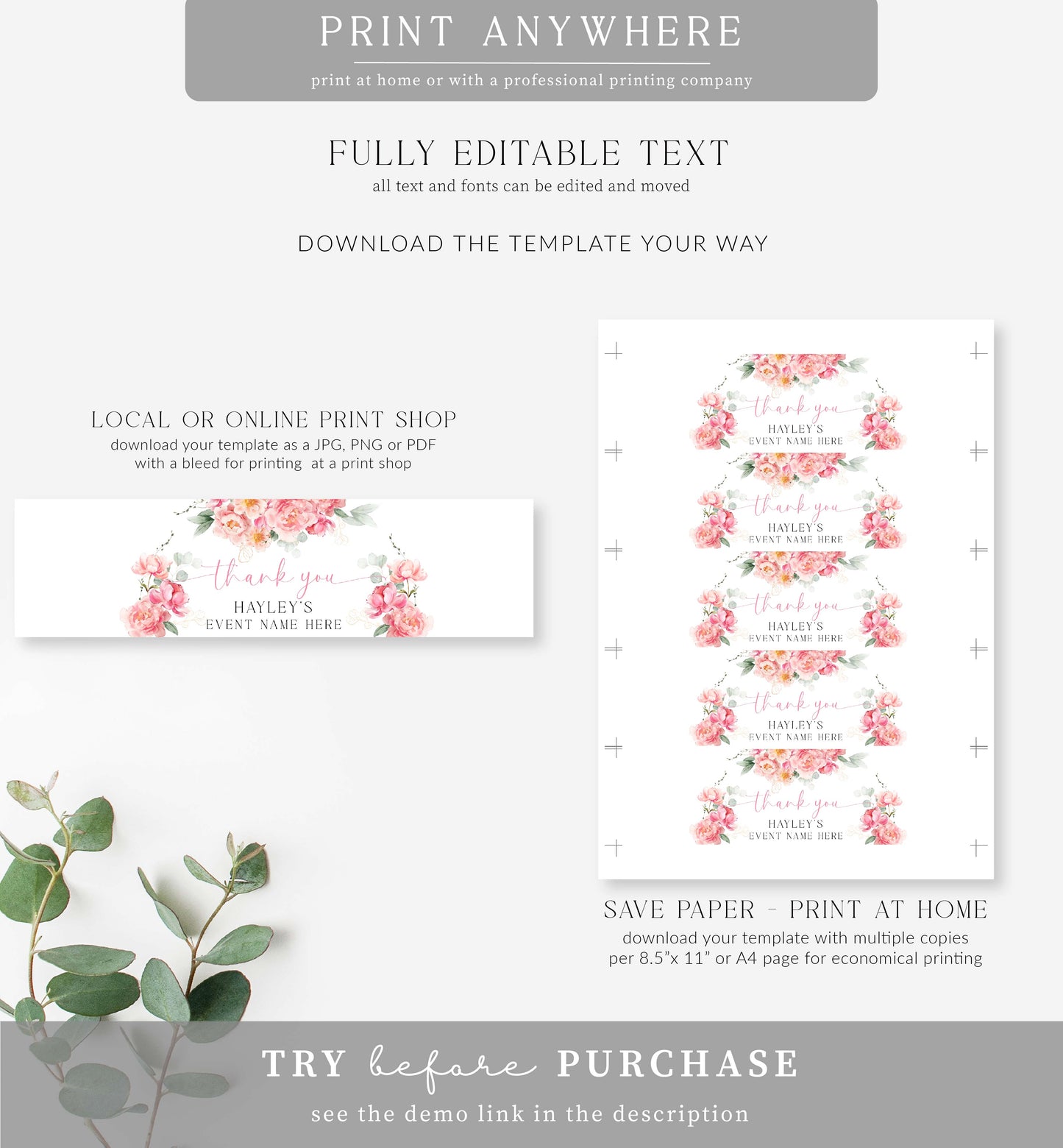 Piper Floral White | Printable Water Bottle Labels Template