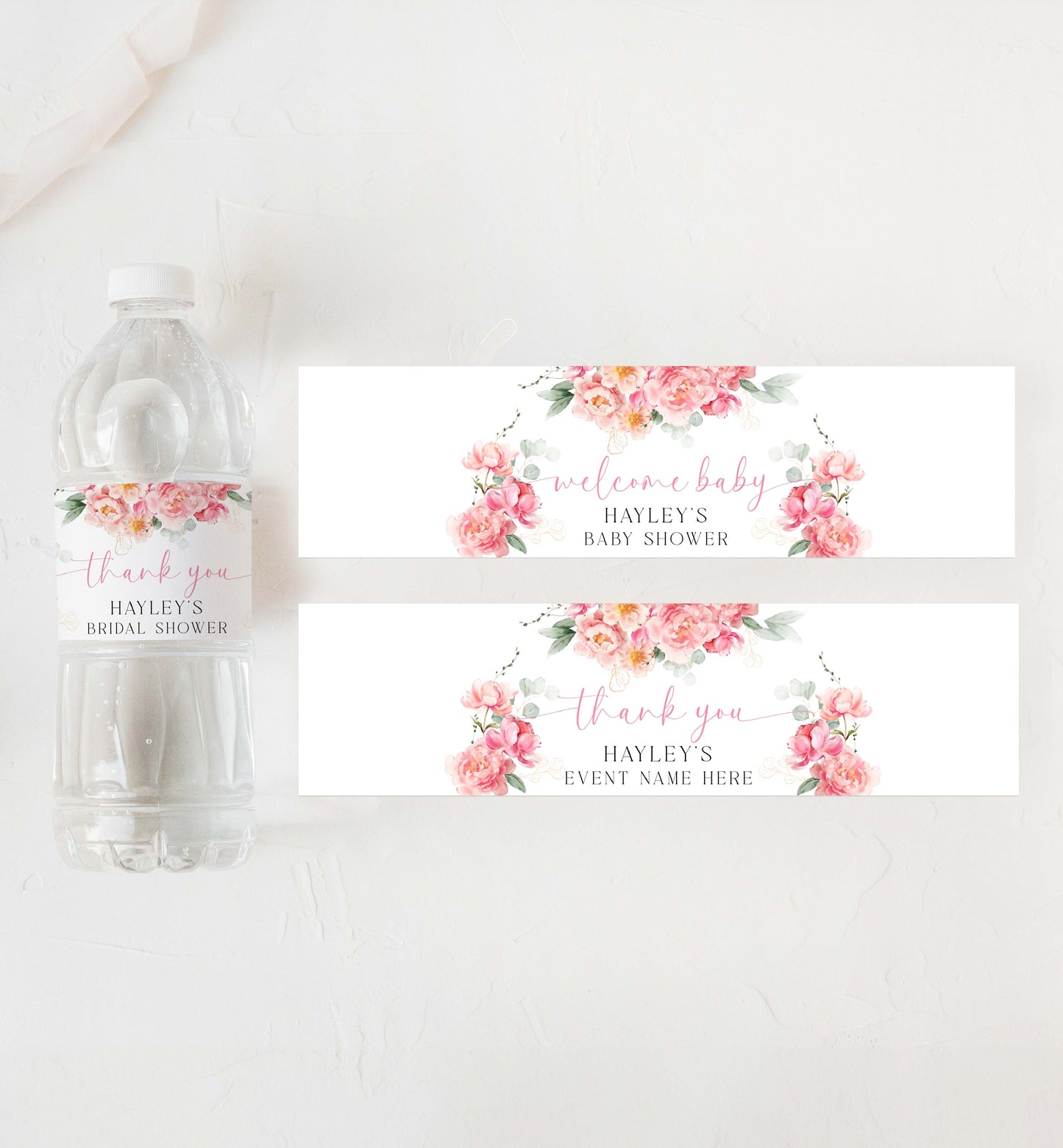 Printable Water Bottle Thank You Label Template, Blush Pink Peony, Girl Baby Shower Bottle Labels, Bridal Shower Water Favors, Personalized Water Bottle Labels, Piper