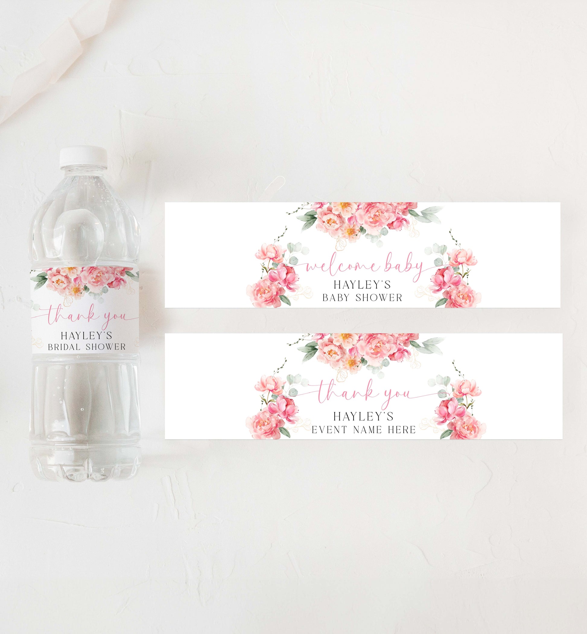 Printable Water Bottle Thank You Label Template, Blush Pink Peony, Girl Baby Shower Bottle Labels, Bridal Shower Water Favors, Personalized Water Bottle Labels, Piper