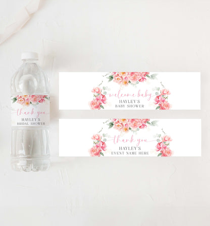 Printable Water Bottle Thank You Label Template, Blush Pink Peony, Girl Baby Shower Bottle Labels, Bridal Shower Water Favors, Personalized Water Bottle Labels, Piper