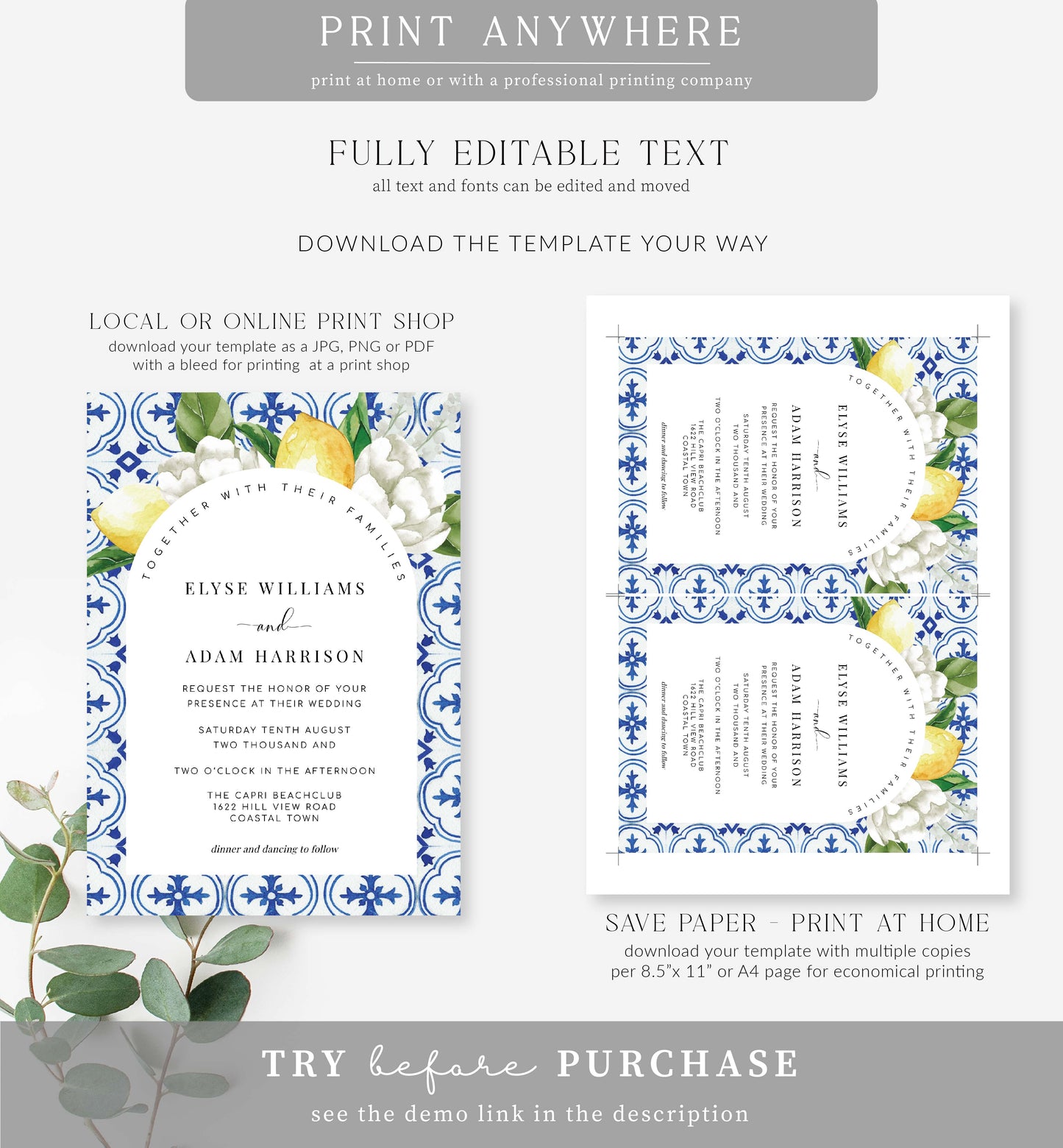 The Med Arch Lemons | Printable Wedding Invitation Suite Template