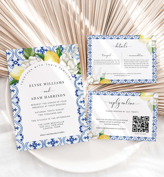 Wedding Invitation Template, Wedding Details, QR Code RSVP, Mediterranean Blue Tile Lemons, Printable Destination Wedding Invite, Med Arch