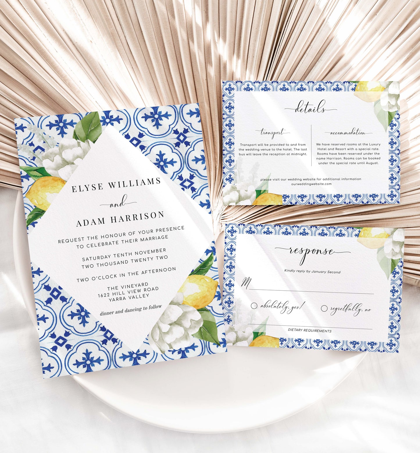 Wedding Invitation Template, Wedding Details, RSVP Postcard, Mediterranean Blue Tile Lemons, Printable Destination Wedding Invite, The Med