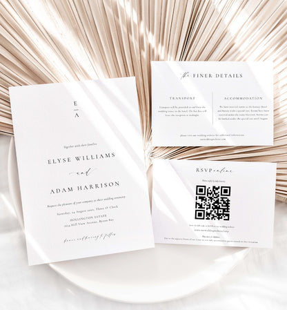 Minimalist Wedding Invitation Template Set, QR Code RSVP Card, Monogram Wedding Invite, Printable Simple Elegant Wedding Invite, Ellesmere