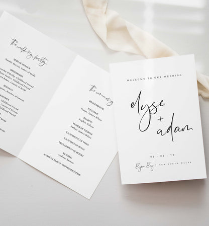 Printable Wedding Ceremony Program Template, Modern Minimalist, Wedding Order of Ceremony Booklet Program, Single Fold Program, Gigi Script