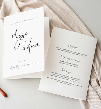 Printable Wedding Ceremony Program Template, Modern Minimalist, Wedding Order of Ceremony Booklet Program, Single Fold Program, Gigi Script