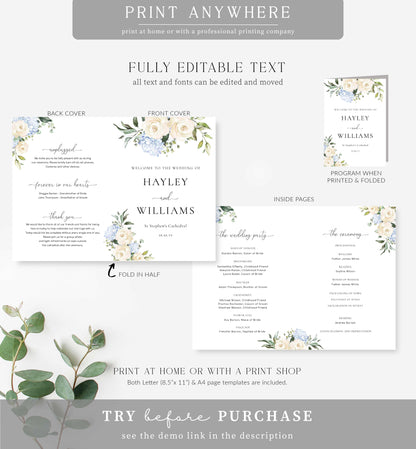 Darcy Floral White | Printable Wedding Folded Program Template