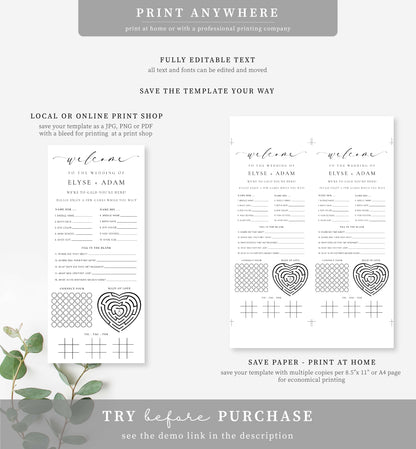 Wedding Quiz and Menu Template, Elegant Wedding Menu, Editable Minimalist Wedding Menu, Printable Dinner Menu, Couples Trivia, Ellesmere