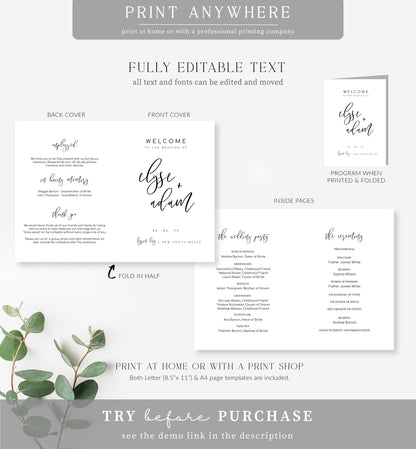 Lucas Script White | Printable Wedding Folded Program Template