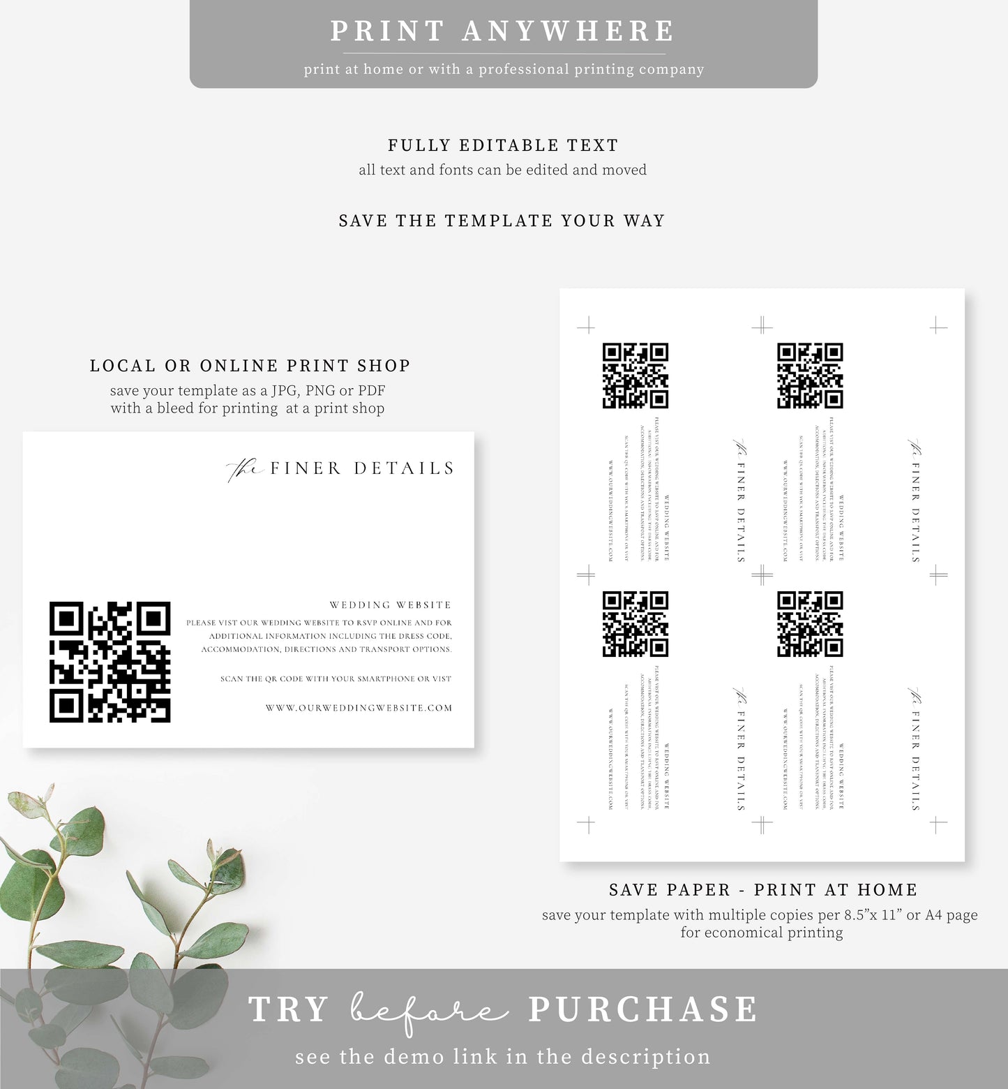 Ellesmere White | Printable QR Wedding Website Card Template