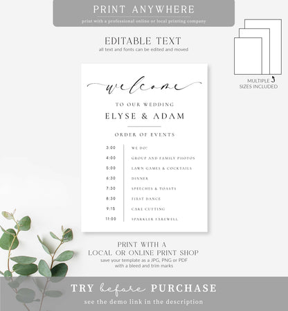 Ellesmere White | Printable Order Of Events Welcome Sign Template