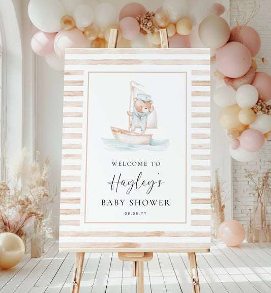 Printable Teddy Bear Welcome Sign Template, Sailor Bear, Beige Tan Stripe Boy Baby Shower Welcome Sign, Nautical Sailing Boat Welcome Sign