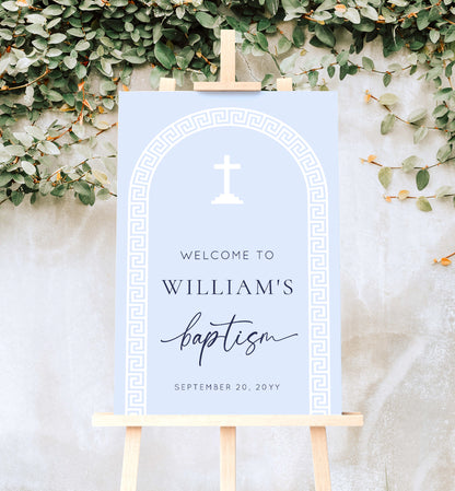 Printable Baptism Welcome Sign Template, Greek Key, Arch, Blue Boy First Birthday Printable Welcome Sign, Editable Christening Welcome Sign