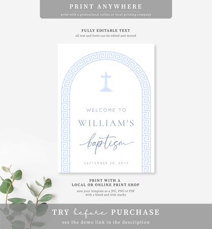 Greek Key White Blue | Printable Welcome Sign Template