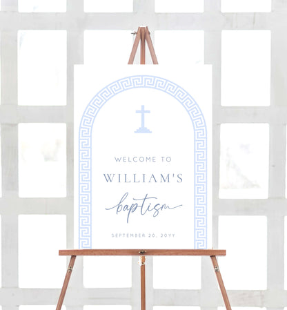 Printable Baptism Welcome Sign Template, Greek Key, Arch, Blue Boy First Birthday Printable Welcome Sign, Editable Christening Welcome Sign