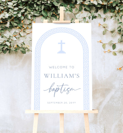 Printable Baptism Welcome Sign Template, Greek Key, Arch, Blue Boy First Birthday Printable Welcome Sign, Editable Christening Welcome Sign