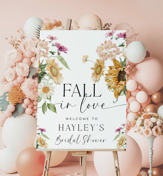 Fall In Love Bridal Shower Welcome Sign Template, Printable Sunflower Autumn Floral Bridal Shower, Fall Bachelorette Party, Mews