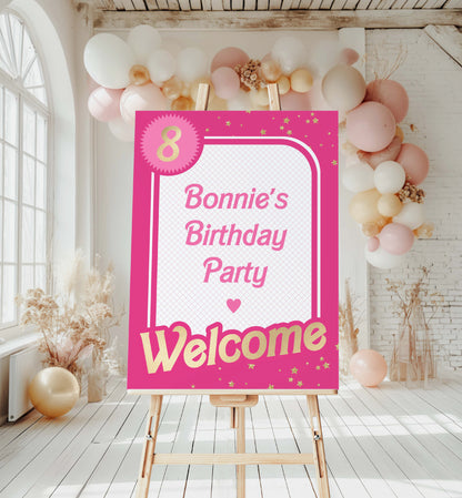 Printable Babie Hot Pink Welcome Sign, Printable Editable Pink Gold Girl's Come On Barbie Let's Go Party Welcome Sign, Girls Hot Pink Doll Party Welcome Sign