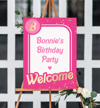 Printable Babie Hot Pink Welcome Sign, Printable Editable Pink Gold Girl's Come On Barbie Let's Go Party Welcome Sign, Girls Hot Pink Doll Party Welcome Sign