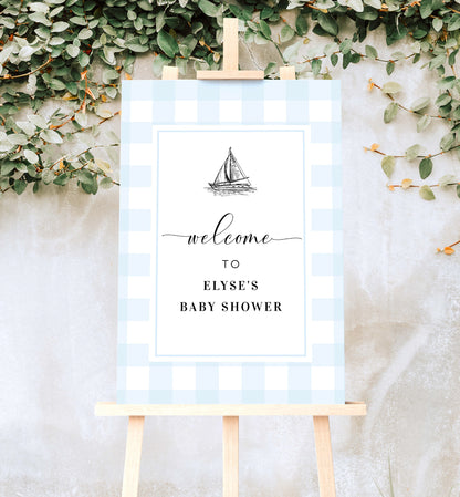 Gingham Blue Sailing Boat | Printable Welcome Sign Template