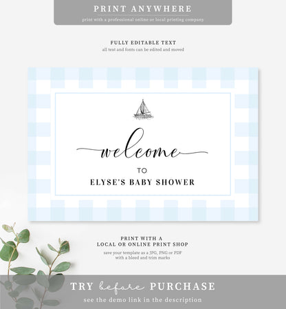 Gingham Blue Sailing Boat | Printable Welcome Sign Template