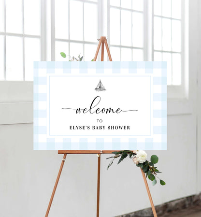 Gingham Blue Sailing Boat | Printable Welcome Sign Template