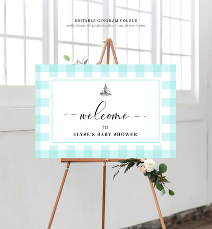 Gingham Blue Sailing Boat | Printable Welcome Sign Template