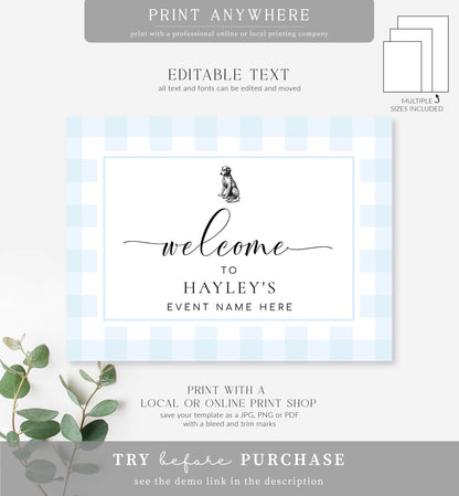 Gingham Blue Dog | Printable Welcome Sign Template