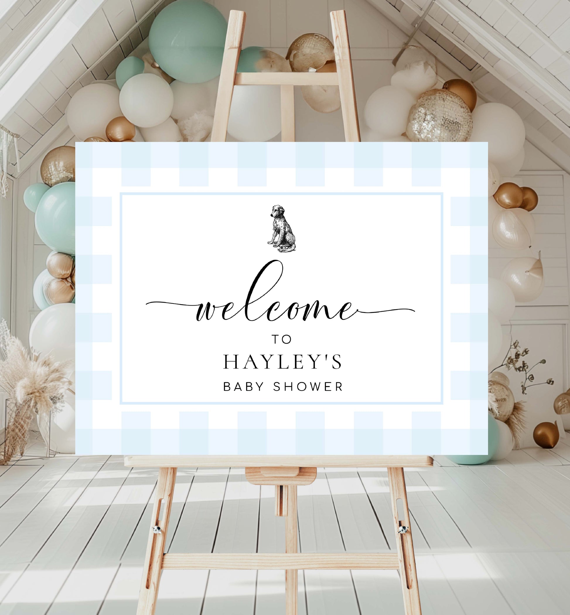 Printable Puppy Dog Welcome Sign Template, Blue Gingham Check, Boy First Birthday Welcome Sign, Boy Baby Shower Welcome Sign, Male Birthday Welcome Sign, Kids Party Sign