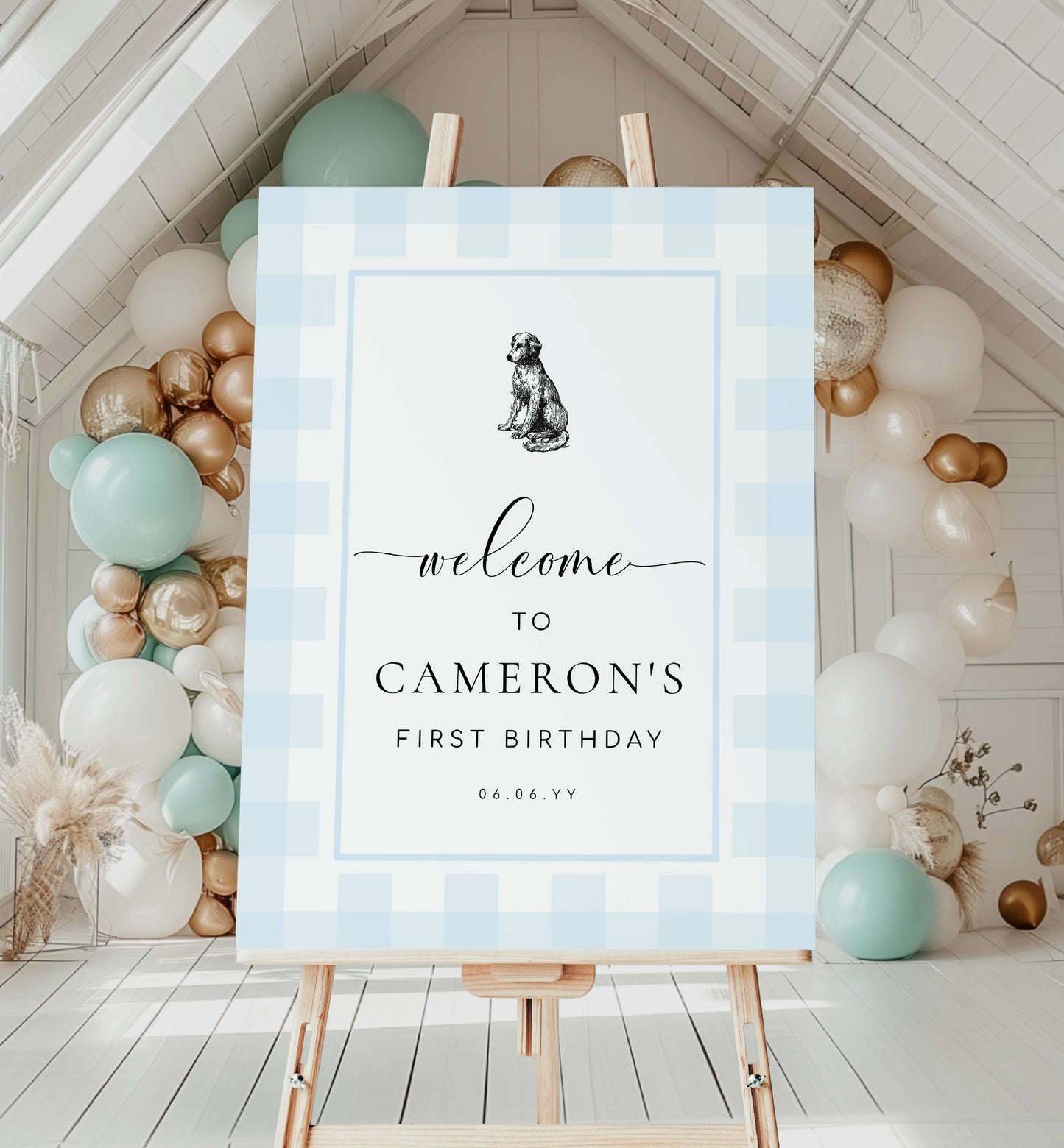 Printable Puppy Dog Welcome Sign Template, Blue Gingham Check, Boy First Birthday Welcome Sign, Boy Baby Shower Welcome Sign, Male Birthday Welcome Sign, Kids Party Sign