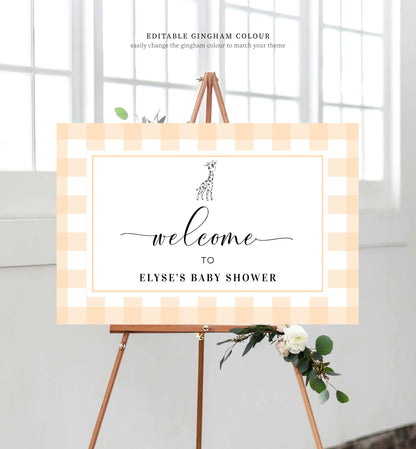 Gingham Giraffe Blue | Printable Welcome Sign Template