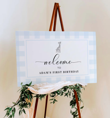 Gingham Giraffe Blue | Printable Welcome Sign Template