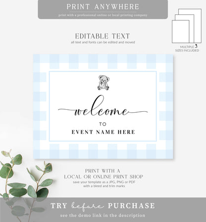 Gingham Blue Teddy Bear | Printable Welcome Sign Template