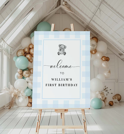 Printable Teddy Bear Welcome Sign Template, Blue Gingham Check, Boy First Birthday Welcome Sign, Boy Baby Shower Welcome Sign, Male Birthday Welcome Sign, Kids Party Sign