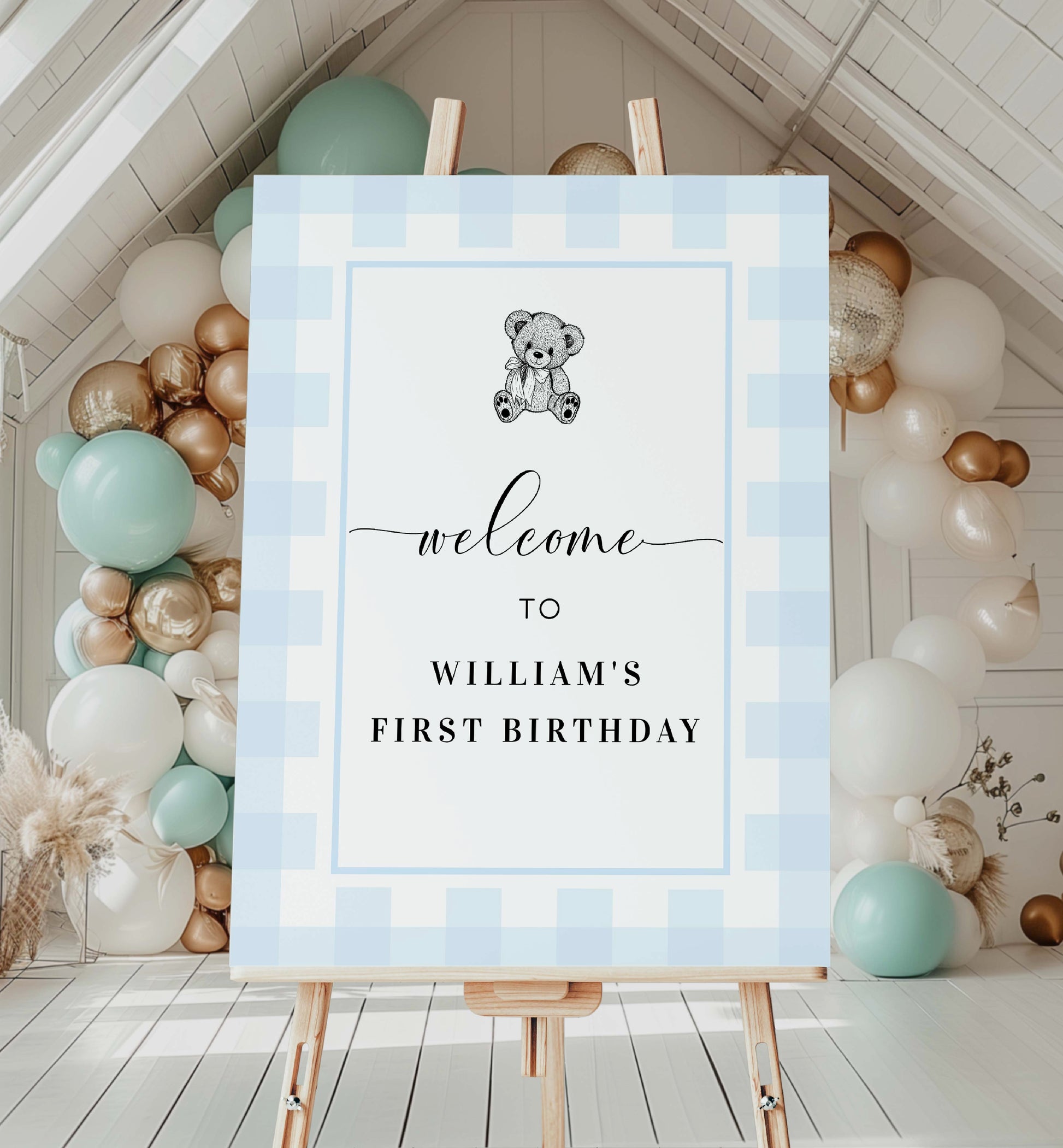 Printable Teddy Bear Welcome Sign Template, Blue Gingham Check, Boy First Birthday Welcome Sign, Boy Baby Shower Welcome Sign, Male Birthday Welcome Sign, Kids Party Sign