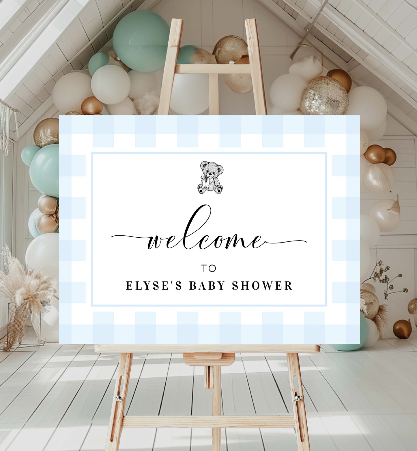 Printable Teddy Bear Welcome Sign Template, Blue Gingham Check, Boy First Birthday Welcome Sign, Boy Baby Shower Welcome Sign, Male Birthday Welcome Sign, Kids Party Sign