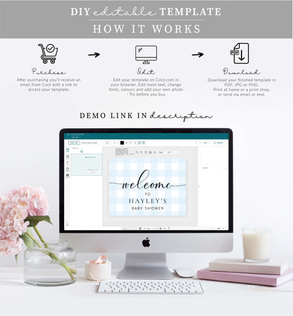 Gingham Blue | Printable Welcome Sign Template