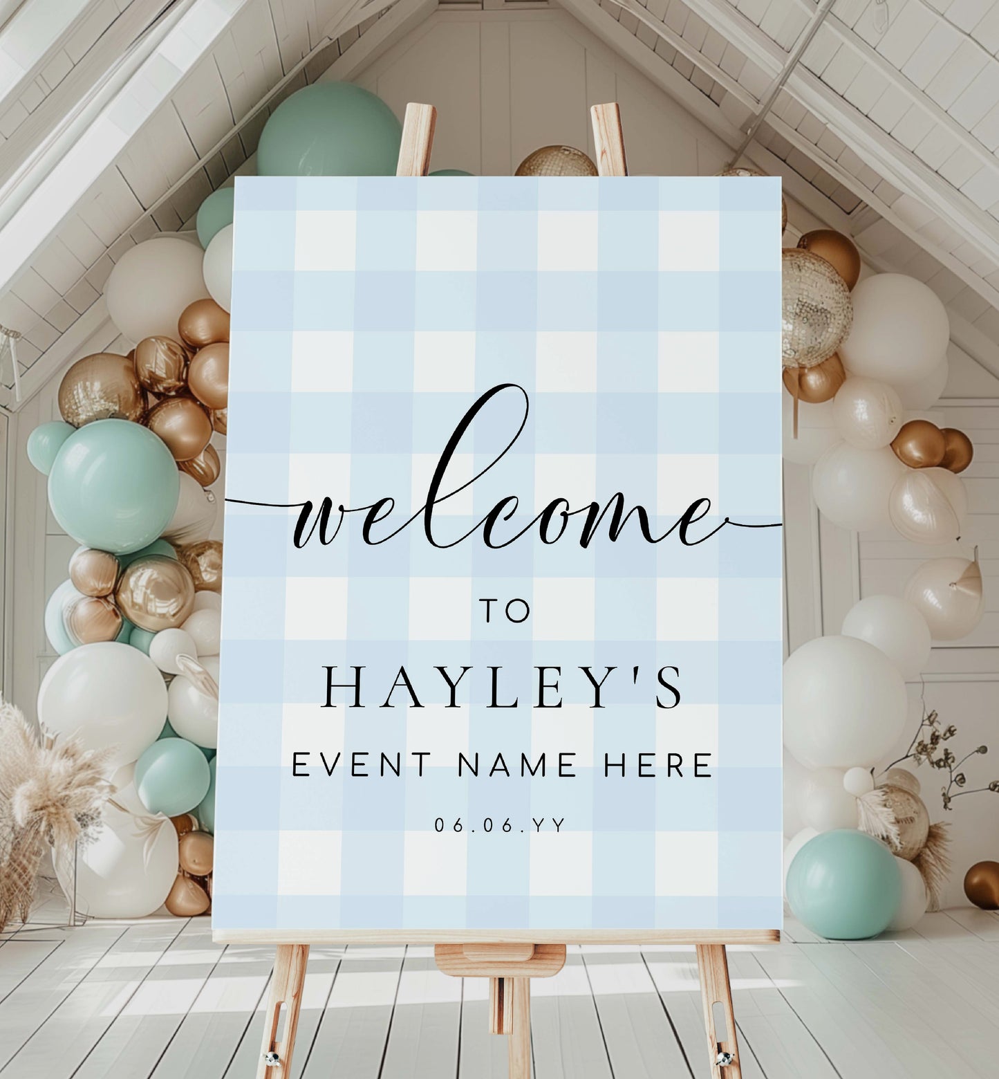 Blue Gingham Welcome Sign, Boy Baby Shower Pale Blue Check Welcome Sign, Printable Blue White Plaid, Boy Baby Sprinkle, Male Birthday Sign