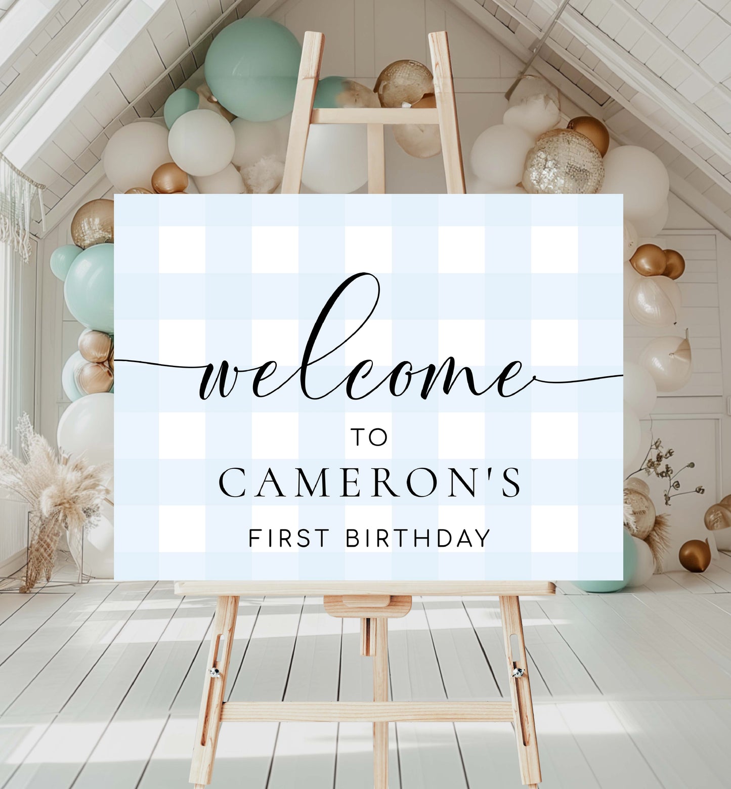 Blue Gingham Welcome Sign, Boy Baby Shower Pale Blue Check Welcome Sign, Printable Blue White Plaid, Boy Baby Sprinkle, Male Birthday Sign