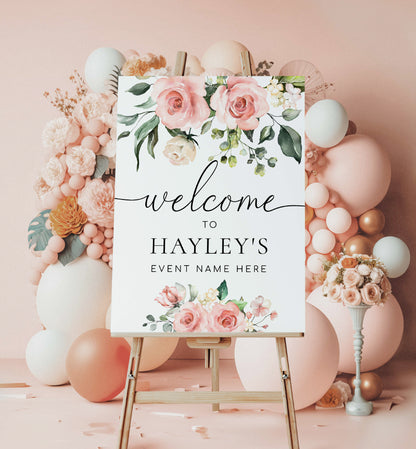 Printable Bridal Shower Welcome Sign, Blush Floral Baby Shower Welcome Sign, Wedding Welcome Sign, Darcy Floral Pink