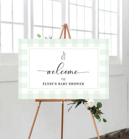 Gingham Bunny Mint Green | Printable Welcome Sign Template