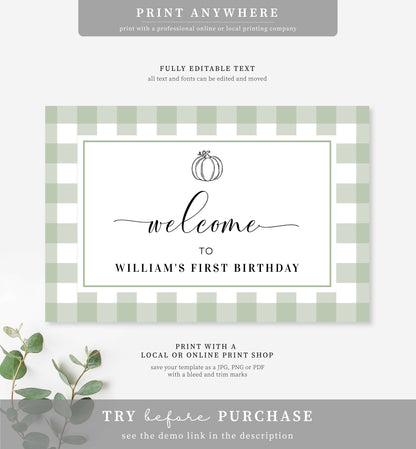 Gingham Sage Green Pumpkin | Printable Welcome Sign Template